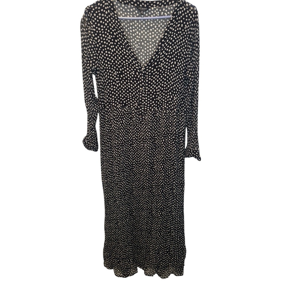 Lucky Brand Black White Pattern Long Sleeve V Neck Maxi Dress L Lightweight